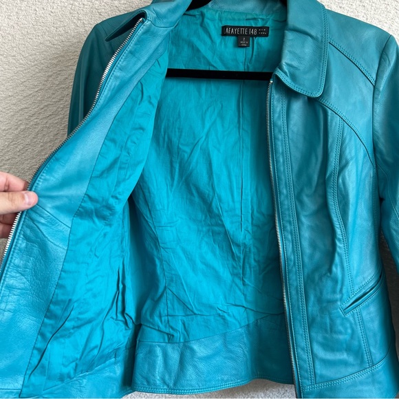 Lafayette 148 New York Women’s Teal 100% Leather Zipper Jacket Size 2 - Picture 4 of 16